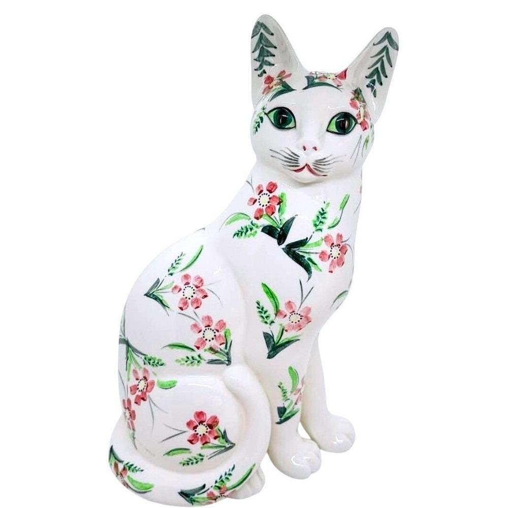 Vintage Norleans Cat Figurine Hand Painted Ceramic Pink Floral White‎ Green Eyes